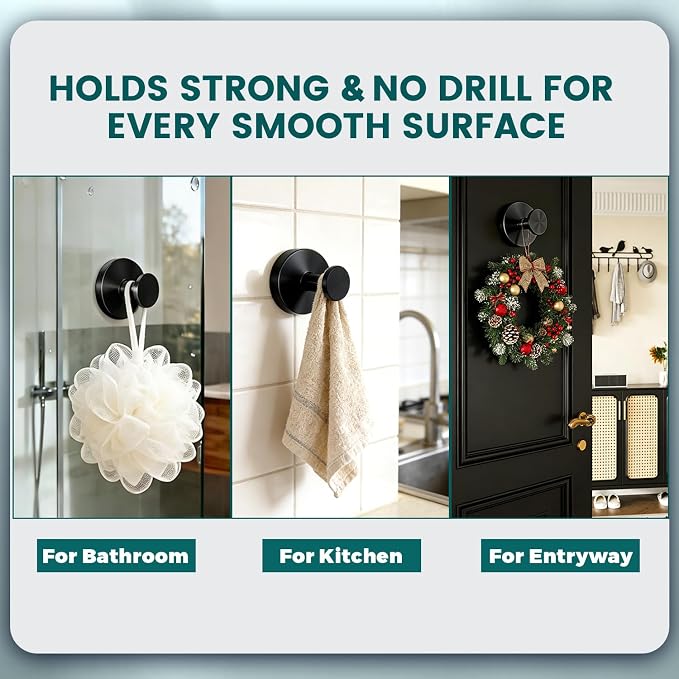 Black Suction Cup Hooks for Shower, Heavy Duty Vacuum Lock No Drill Hooks, Modern Matte Bathroom Hooks for Glass Door Tile & Windows, 4 Pack