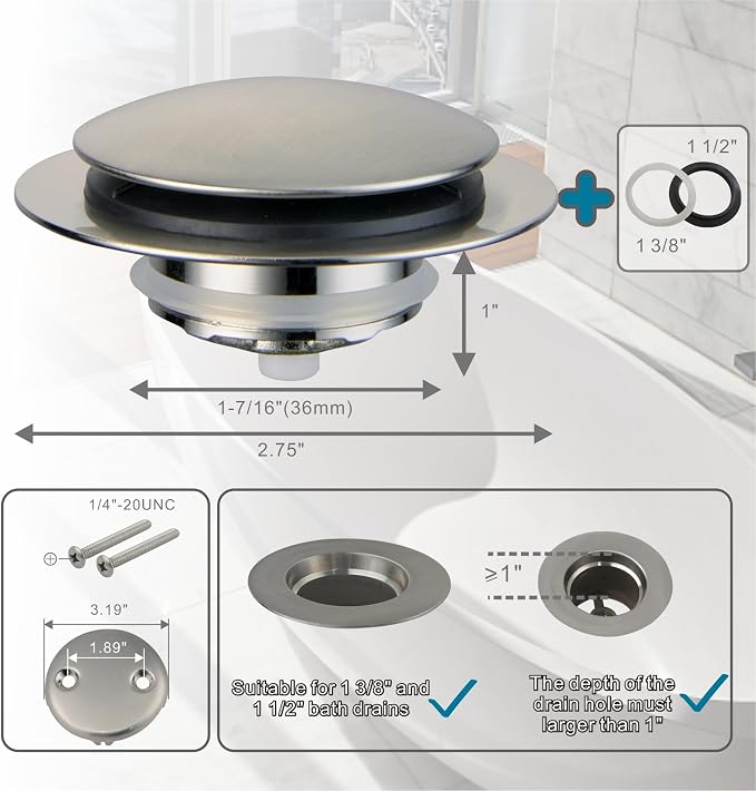 Brushed Bathtub Stopper Tub Drain,Welsan Universal Pop Up Tub Drain Stopper Replacement Tip Toe, Lift and Turn with 2-Hole Overflow Face Plate Cover and EZ Bath Tub Plug (Brushed Nickel)