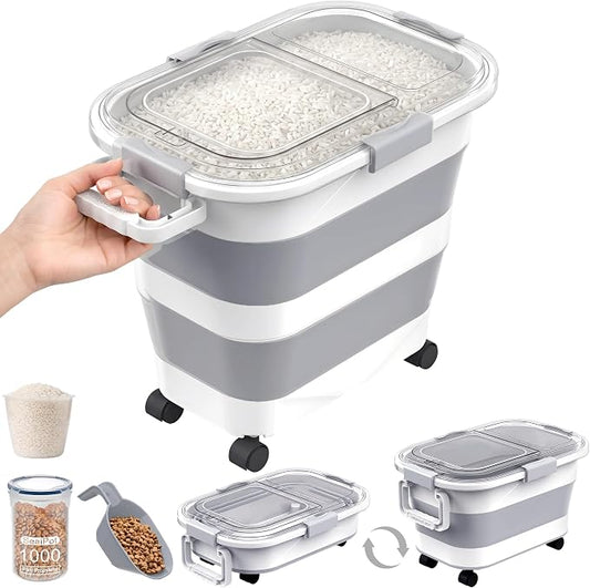 30 Lbs Rice Container, Collapsible Dog Food Storage Container | Airtight Cat Food Container with Wheels, Transparent Lid, Measuring Cup, Scoop and Handle, BPA Free for Pet Food, Bird Seed
