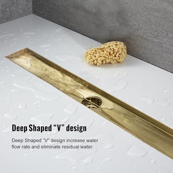 Linear Shower Drain, 24 inch Gold Drain with Tile Insert 2-in-1 Panel, Brushed 304 Stainless Steel Gold Shower Floor Drain, Linear Drain with Hair Strainer and Adjustable Feet