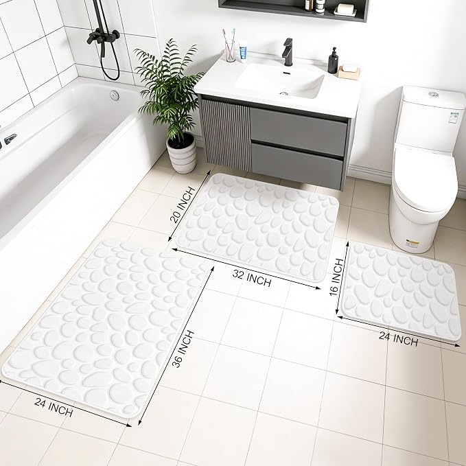 Stone Bath Mats, Non-Slip Memory Foam Bathroom Rug, 16x24 White | TPR Rubber Backing,Ultra Soft,Highly Absorbent,Machine Washable,Quick Dry for Tub and Shower, Home Decor Accessories