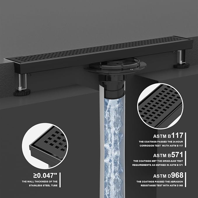 Linear Shower Drain | 32 Inch AISI 304 Stainless Steel Shower Drain, Matte Black Linear Drain with Removable Quadrato Grate Cover & Adjustable Feet, Rectangle Floor Drain, in Bathroom Balcony etc