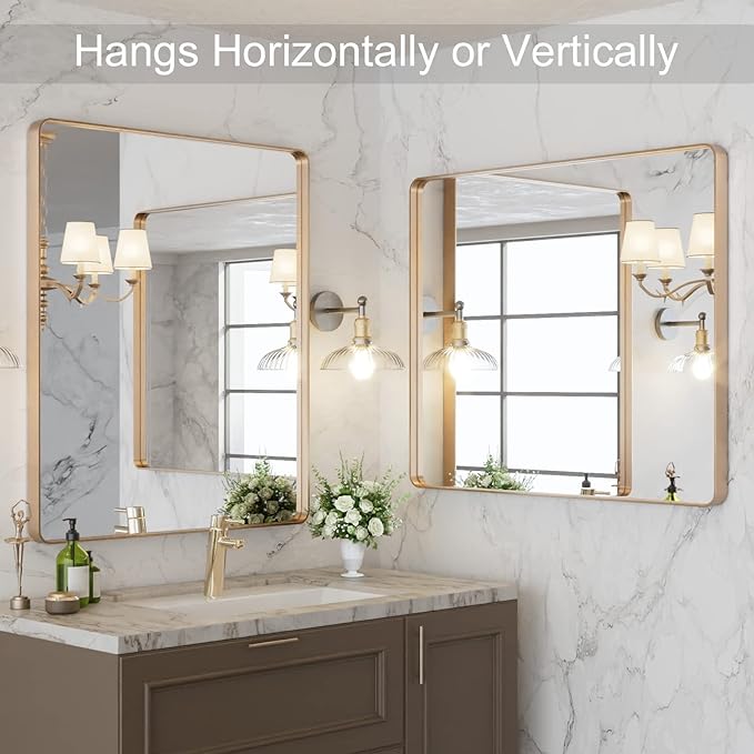 LOAAO 30"X36" Gold Bathroom Mirror | Rounded Rectangle, Brushed Gold Frame, Wall-Mounted, Anti-Rust, Tempered Glass, Hangs Horizontally or Vertically