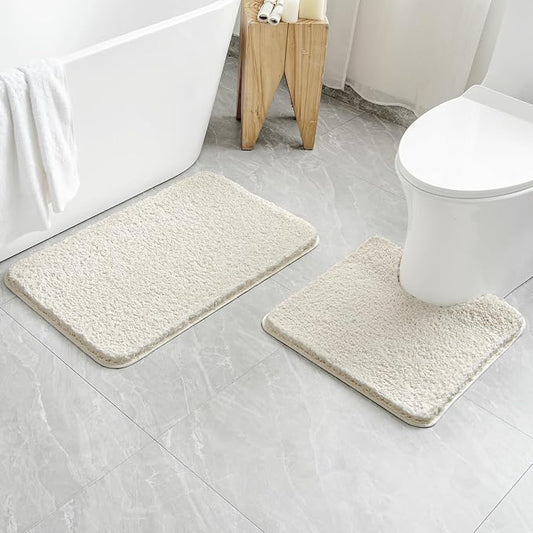 MIULEE Ivory Bathroom Rugs Set 2 Piece Soft Bath Mats 20x20+20x32 Inch | Absorbent Microfiber Bath Mat and U-Shaped Toilet Rug, Non Slip, Quick Dry, for Bathroom Floor Tub Showers, Machine Washable