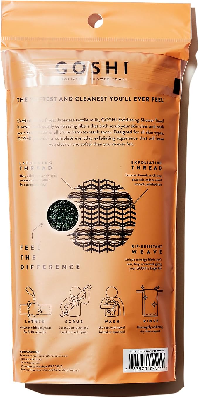 GOSHI Exfoliating Shower Towel - Long Body Scrubber, Green | rip-resistant, rapid-drying, exfoliating long washcloth for all skin types to eliminate back acne and maintain smooth skin