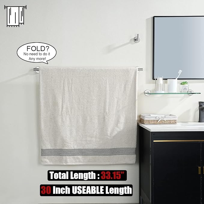 JQK Bath Towel Bar, 33 Inch 304 Stainless Steel Thicken 0.8mm Single Towel Rack for Bathroom, Towel Holder Brushed Steel Wall Mount, Useable Length 30 Inch 2 Pack, TB110L30-BN-P2
