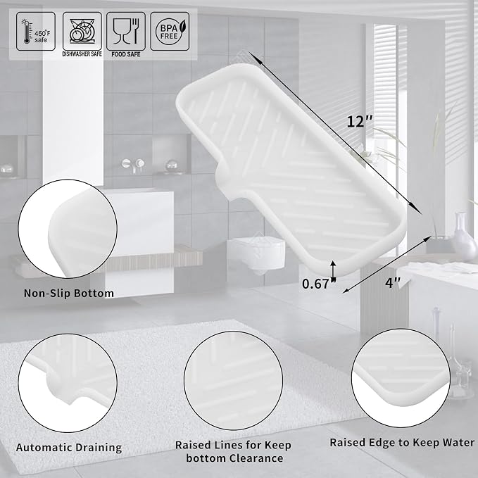 MicoYang Silicone Soap Dish with Drain Spout — Self-Draining Double Sink Organizer Tray for Kitchen & Bath, Dispensers, Sponges & Soap Holder, Non-Slip & Dishwasher Safe, Translucent (Large, 12"×4")