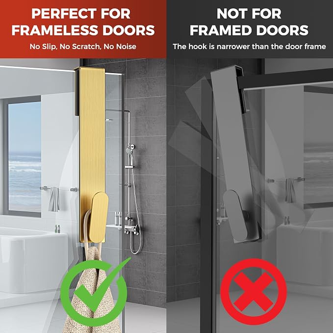 Shower Door Hooks 10 Inch,Extended Heavy Duty Shower Hooks for Towels,Over the Towel Hooks for Bathroom Frameless Glass Door (Gold,2 Pack)