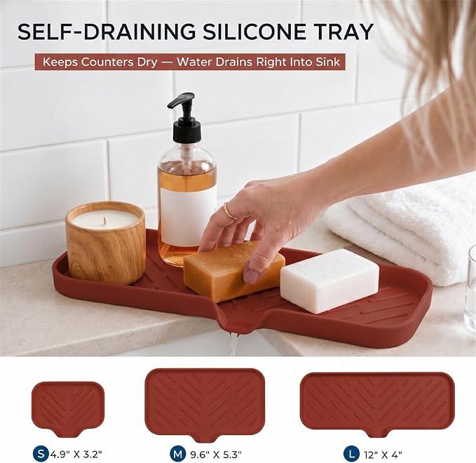 MicoYang Silicone Soap Dish with Drain Spout — Self-Draining Double Sink Organizer Tray for Kitchen & Bathroom, Dispensers, Sponges & Soap Holder, Non-Slip & Dishwasher Safe, Red (Large, 12"×4")