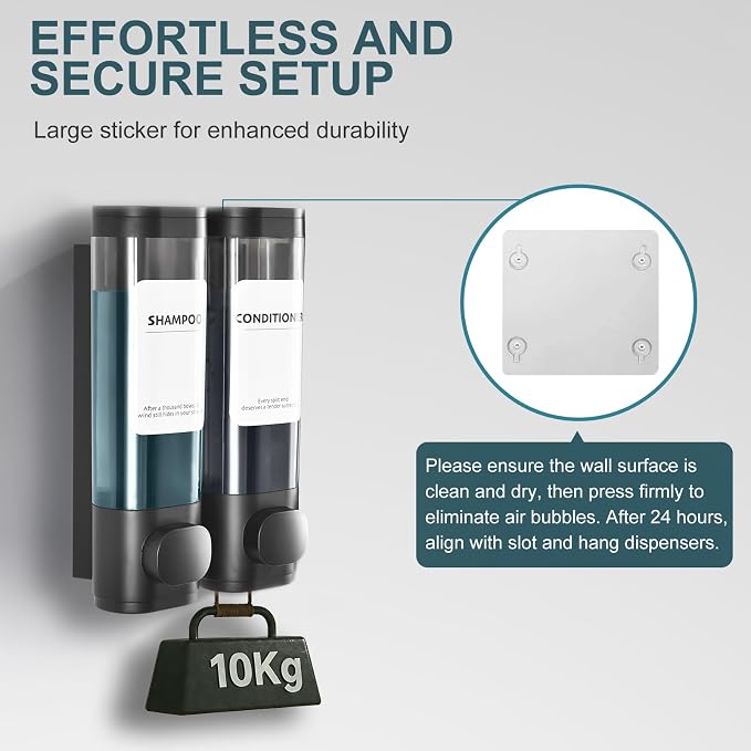 Shampoo Conditioner Shower Soap Dispenser 2 Chamber Wall Mount Black | Refillable. Leakproof 600ml. No-Drill Wall Mount. Soap, Shampoo, Conditioner, Body Wash, Shower Gel, Bathroom Set. BPA-Free.