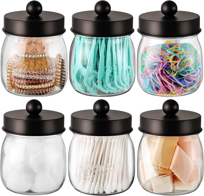 SheeChung 6 Pack Acrylic Mason Jar Qtip Holder Dispenser with Labels,Bronze | Small Plastic Apothecary Jars,Vanity Canisters for Cotton Swabs,Balls,Floss Picks,Bathroom Storage Organizers,Farmhouse Decor