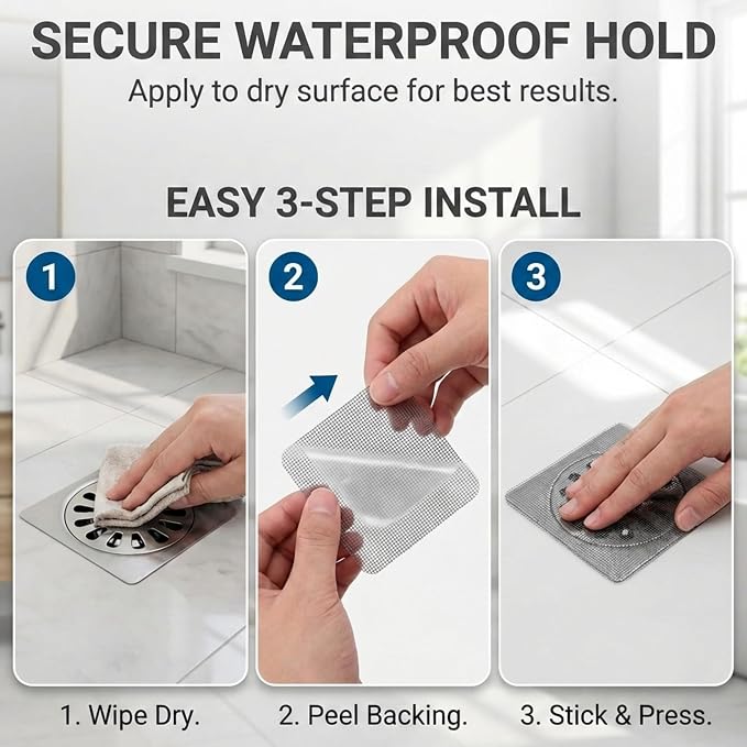 100 Pack Square Disposable Shower Drain Hair Catcher Stickers | Waterproof, For Bathroom Floor, Sink & Bathtub, Easy-Peel, Clog Prevention & Hygiene