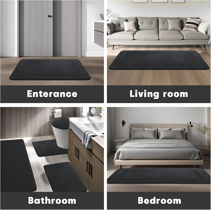 YIHOUSE Black Memory Foam Bath Mat Set, 5-Piece Non-Slip Absorbent Bath Rugs for Bathroom Floor, Quick-Dry Washable