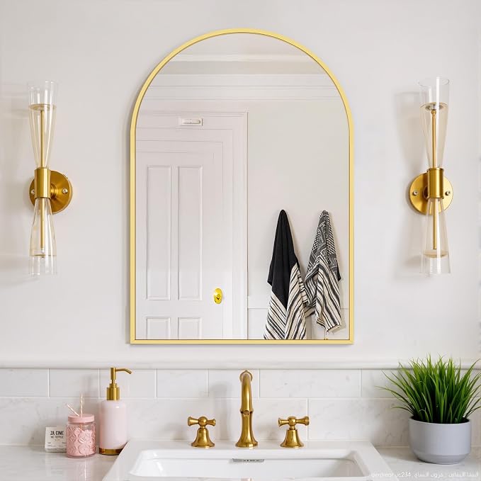 Bathroom Mirror for Wall, 30x20 Inch Arched Mirror, Matte Gold Metal Framed Bathroom Vanity Mirrors for Restroom Farmhouse, Anti-Rust, Tempered Glass, Hanging or Leaning