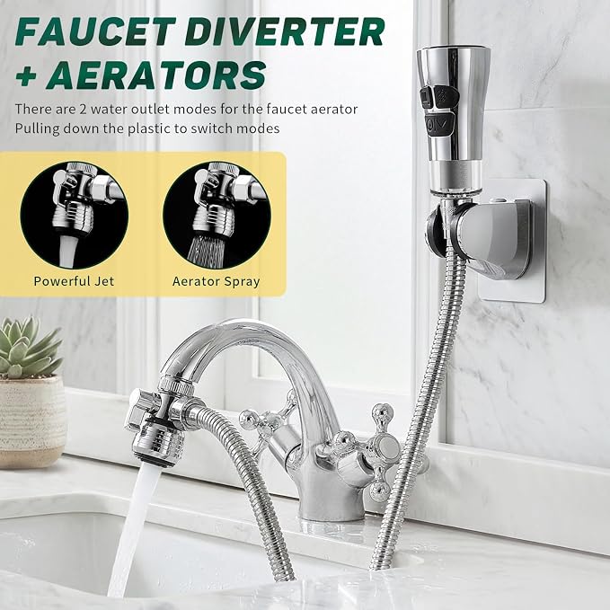 CECEFIN Kitchen Faucet Hose Attachment, 4-Mode ON/Off Sink Sprayer Head with Filter, 4.9Ft Stainless Steel Hose, Water Saving Aerator w/ 3-Way Diverter Valve for Hair Washing Laundry Room & Pet Shower