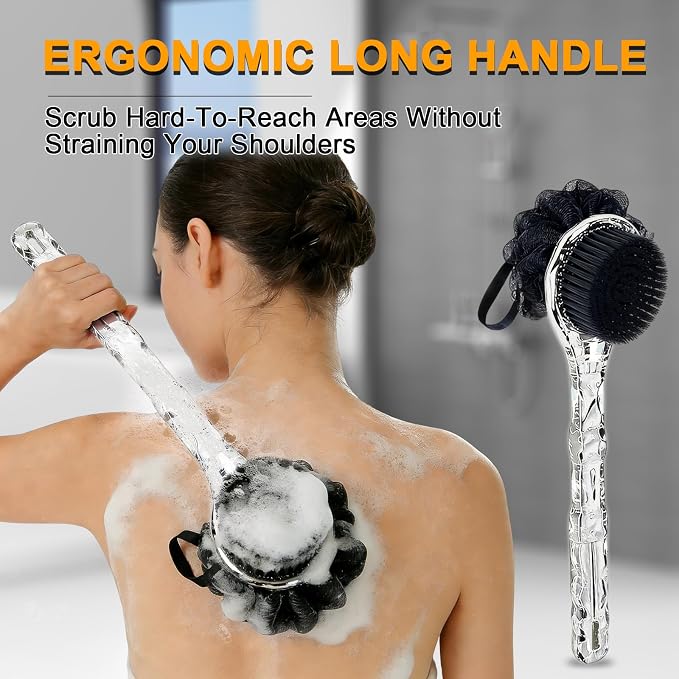 Long Handle Back Scrubber,Dual-Sided for Exfoliation & Deep Cleansing(Black | For Back & Legs & Feet, Non-slip textured handle, Rich Lather,Easy Hanging, For All Skin Types