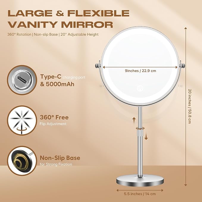 Dienmern Makeup Mirror, 1X/20X Rechargeable Vanity Mirror with Lights | Double-Sided, 5000mAh, 3 Color Dimmable Brightness, Magnification, 360° Rotation, for Dorm, Room Essentials, Women Gift