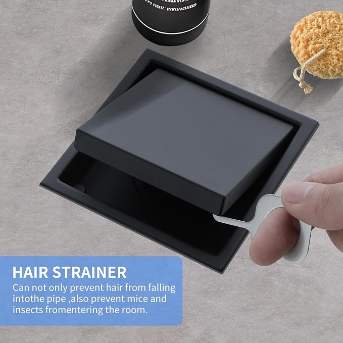 4-Inch Square Shower Drain, Matte Black Floor Drain with Flange, 304 Stainless Steel Bathroom 2-in-1 Tile Drain