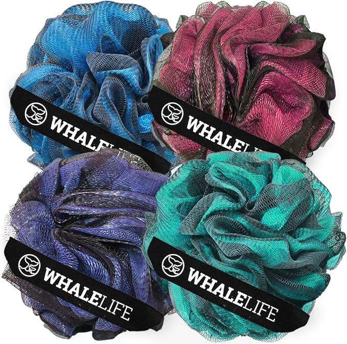 Loofah Sponge Bath Sponge for Women Men 4 Pack (Purple Blue Red Green) | 10X Suds Save Body Wash Double Knotted Anti Tear Core Fast Dry Cotton Loop Stay Fresh Large Mesh for Sensitive Skin