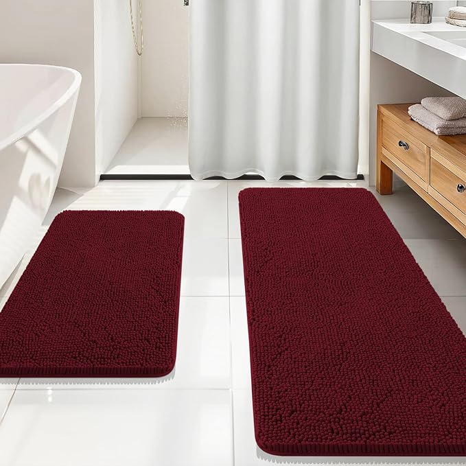 OLANLY Chenille Bathroom Rugs Mats Sets 2 Piece, 59"x20"+30"x20", Burgundy | Ultra Soft Absorbent Bath Rugs Set, Rubber Backing Non-Slip, Quick Dry, Machine Washable Bath Carpet, Home Decor Accessories