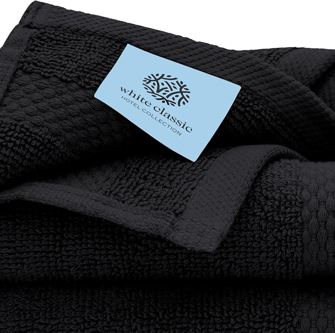 White Classic Luxury Bath Towel Set of 8 Pieces - 100% Turkish Cotton Highly Absorbent Towels for Bathroom, 2 Luxury Bath Towels 700GSM, 2 Hand Towels, 4 Washcloths, Black