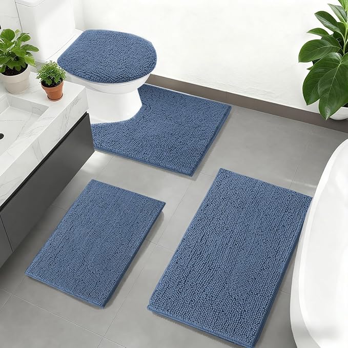 RUN HELIX Blue Bathroom Rugs Sets 4 Piece with Toilet Lid Cover, Non Slip Bathroom Mats Extra Soft Chenille Bath Rugs Absorbent Shaggy Rugs Perfect Plush Mats U-Shaped Toilet Rug Bathoom Set