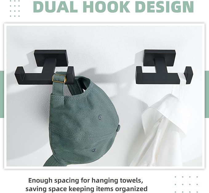 APLusee Double Bath Towel Hook 2 Pack, 304 Stainless Steel Square Dual Coat Holder, Modern Bathroom Kitchen Storage Hanger Wall Mounted, Matte Black