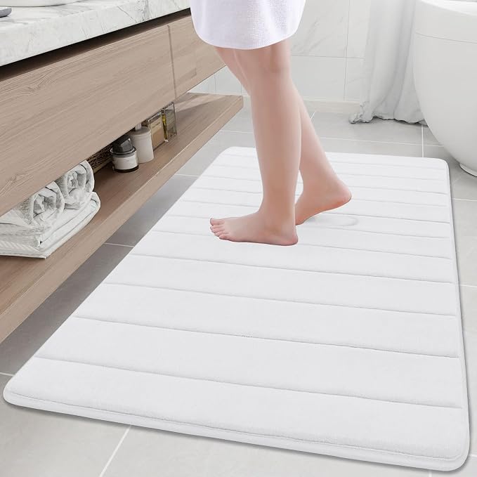 Buganda Memory Foam Bath Mat 47 x 32, Ultra Soft Absorbent Bathroom Rugs | White, Machine Washable Quick Dry Bath Mats for Bathroom Floor, Shower and Tub, Home Decor Accessories