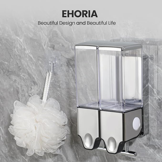 EHORIA Shampoo and Conditioner Dispenser, Shower Soap Dispenser | Shower Dispenser 2 Chamber No Drill, Wall Mounted Refillable Bottles, Shower Accessories for Bathroom, RV&Hotel,18.6oz 2 in 1