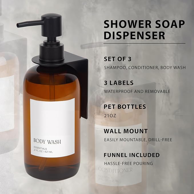 Stylish Shampoo & Conditioner Dispenser Set of 3 - Wall Mount, Drill Free | Modern 21oz Shower Soap Bottles with Labels - Easy Refill Body Wash Dispensers for an Instant Bathroom Decor Upgrade