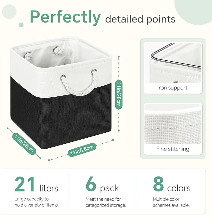 FinishingBo Large 11x11 Inch Cube Storage Bins with Cotton Handles for Closet, Shelves, Clothes, Towel (White/ Black-6 Pack)