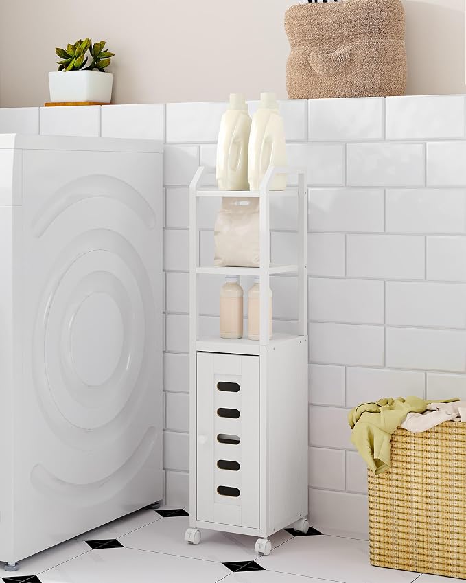 Hzuaneri Bathroom Storage Cabinet - Toilet Paper Storage Cabinet, Small Toilet Paper Holder with 4 Wheels, Bathroom Organizer with Adjustable Shelf, for Small Spaces, White BC04613W