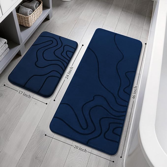 YIHOUSE Memory Foam Bathroom Rugs Sets 2 Piece, 17"x24"+20"x46", Dark Blue | Ultra Soft, Extra Thick Bath Mat, Absorbent, Non-Slip, Machine Washable, For Tub, Shower & Home Decor Accessories