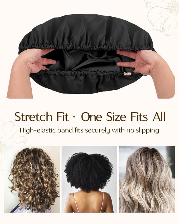 Yanibest Satin Lined Shower Cap for Women Reusable Waterproof, Frizz Free & Large Bath Cap with Soft Elastic Band, Luxury Hair Protection Caps (Black)