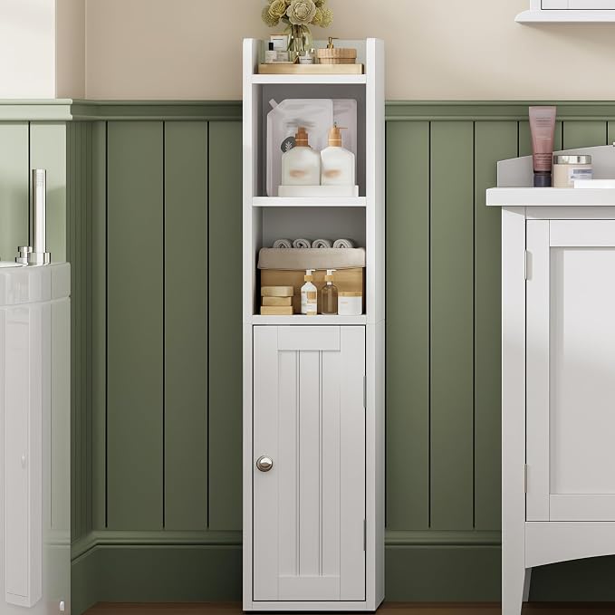 ChooChoo Small Bathroom Storage Cabinet, 7.1“W * 7.9”D Corner Floor Cabinet with Door and Adjustable Shelf, Narrow Toilet Paper Cabinets, Slim Bathroom Organizers for Small Spaces and Bathroom, White