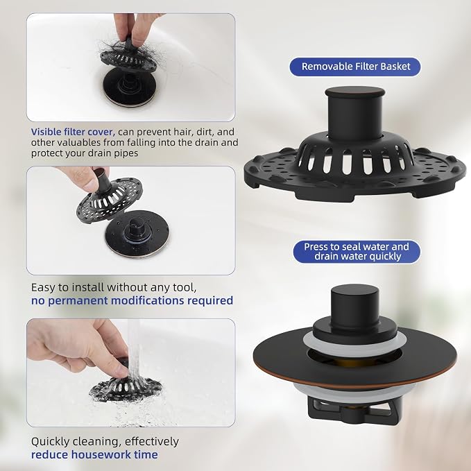 2PCS Universal Metal Bathtub Drain Stopper Hair Catcher, Oil Rubbed Bronze | Shower Drain Tub Stopper with Stainless Steel Visible Filter Basket, Upgraded 3 in 1 Pop-up Drain Plug for 1.5 to 2.4" Hole