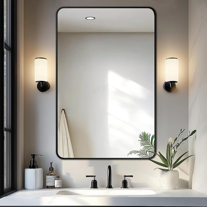 Delma Bathroom Vanity Mirror, Black Framed Mirror for Over Sink, 36x24 | HD glass, distortion-free for makeup and grooming, Sturdy frame, all mounting hardware, hangs horizontal or vertical