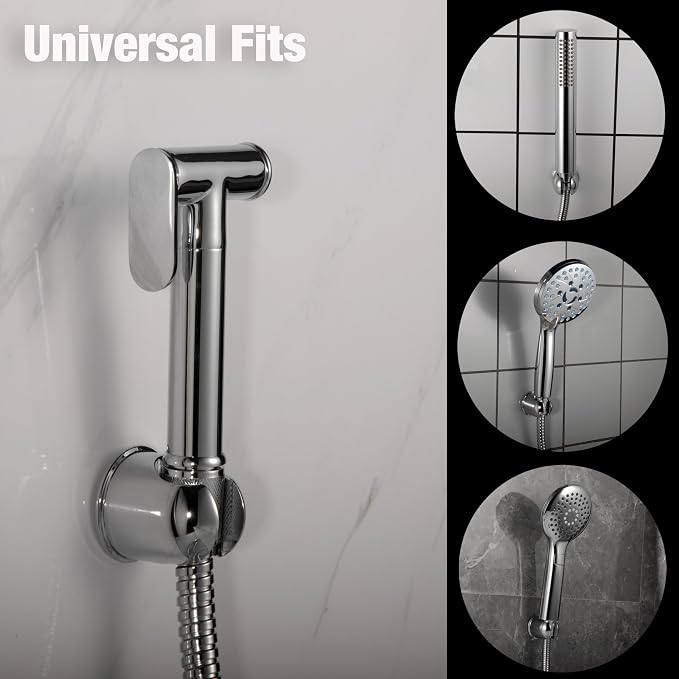 Handheld Shower head Holder - All Metal - Adhesive and Screw in Installation - Minimal Design Bathroom Wall Mount Shower sprayer Holder (Polished Chrome)