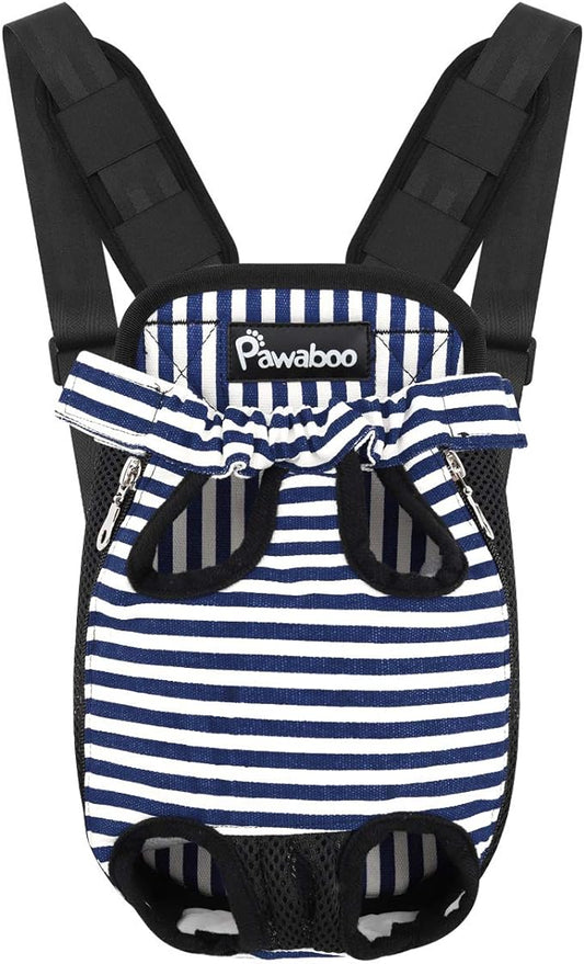Pawaboo Pet Front Carrier Backpack for Small Medium Dogs | Legs Out Easy-fit,Adjustable Straps,Hands-Free,Soft Padded Support for Travel Hiking Cycling Camping,Blue Stripes,M
