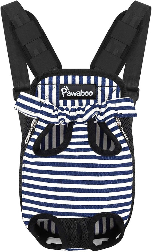 Pawaboo Pet Front Carrier Backpack for Small Medium Dogs | Legs Out Easy-fit,Adjustable Straps,Hands-Free,Soft Padded Support for Travel Hiking Cycling Camping,Blue Stripes,S