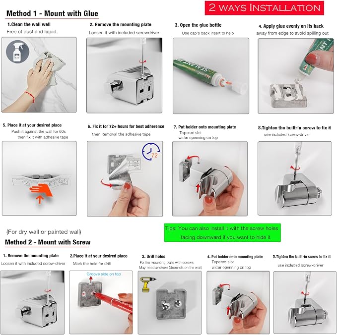 Wall Mount Handheld Shower Head Holder - All Metal -360 Variable Adjustable - Adhesive Or Screw Installation - Universal Shower Hose Holder - (Polished Chrome)