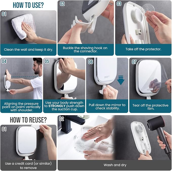 TAILI Shower Mirror Fogless, Shaving Mirror for Shower, Anti-Fog Mirror | Fogless Mirror for Shower with Razor Holder, Fog Free Removable Shower Mirror, Shower Shaving Mirror, White