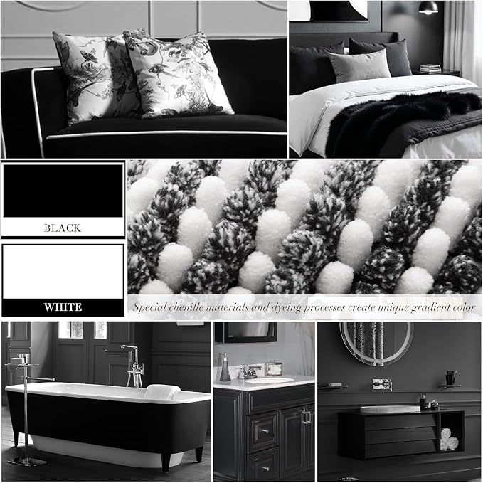 Bathroom Rugs Sets 2 Piece, Non Slip Striped Bath Mats, Black | 24"x70" Plus 20"x32", Soft Absorbent Chenille, Quick Dry Machine Washable, Shower Rug for Bathroom Floor, Tub, Bedroom Decor