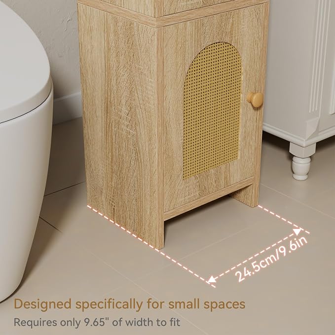 IBUYKE Small Bathroom Storage Cabinet with Rattan Door, Narrow Toilet Paper Storage Holder,Floor Cabinet with Adjustable Shelves, Space-Saving Organizer for Toiletries UWBS001N