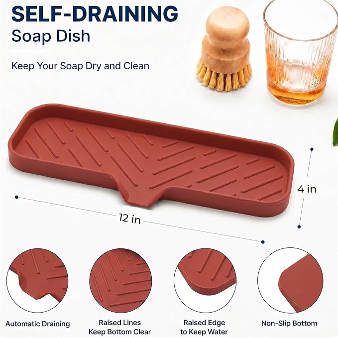 MicoYang Silicone Soap Dish with Drain Spout — Self-Draining Double Sink Organizer Tray for Kitchen & Bathroom, Dispensers, Sponges & Soap Holder, Non-Slip & Dishwasher Safe, Red (Large, 12"×4")