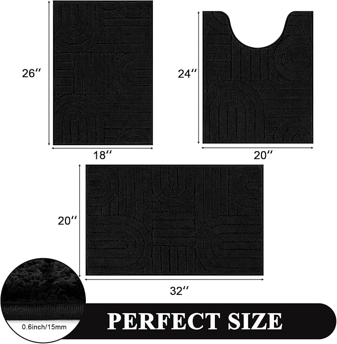 Vaukki Black Bathroom Rugs Sets 3 Piece, 32x20+26x18+24x20 Inch | Washable Non Slip Soft Bath Mats for Shower and Tub, Plush Absorbent Microfiber Toilet Rug U Shaped