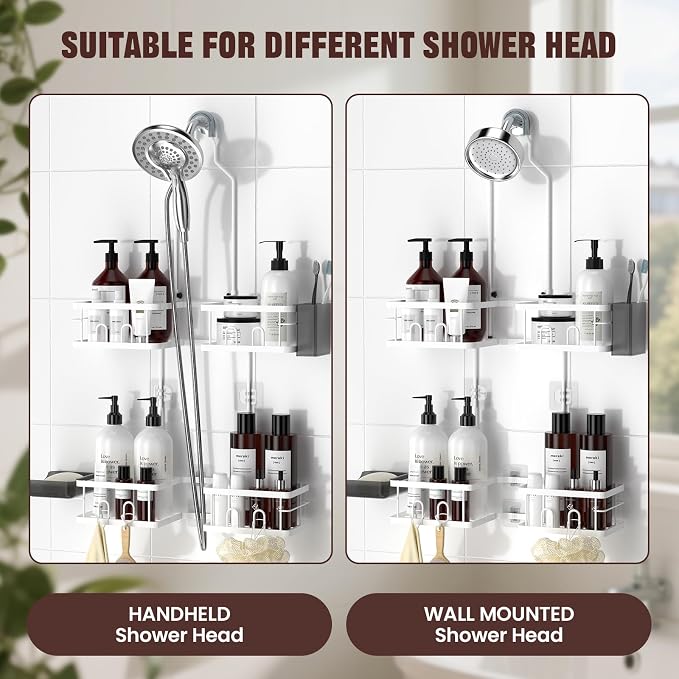 REINHARDT Adjustable Shower Caddy Hanging for Handheld Showerheads, White | Patented Shower Organizer, Rustproof, 40lbs Capacity, Anti-Swing, Tool-Free, Suction Cups, 8 Hooks, Soap & Toothbrush Holder