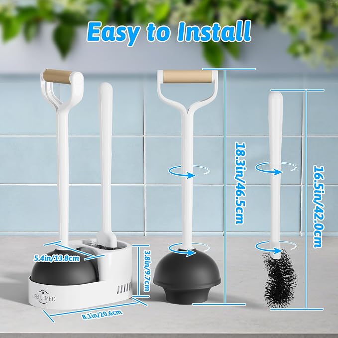 Sellemer Toilet Brush and Plunger Set, Curved Head Deep Clean, White 2 Pack | Brush and Plunger set, Curved Nylon Bristles for Deep Clean, Strong Suction Plunger, Ventilated Holder for Quickly Air Dry
