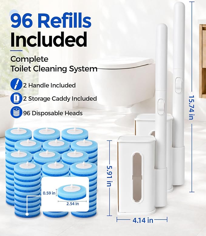 Disposable Toilet Brush and Holder Set with 48 Refills, Toilet Bowl Cleaner | Value Pack;Built-In Cleaner;Cleaner & More Hygienic;Hands-Free Disposal;Fresh Bathroom