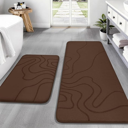 YIHOUSE Memory Foam Bathroom Rugs Sets 2 Piece, 17"x24"+20"x46", Coffee | Ultra Soft, Extra Thick Bath Mat, Absorbent, Non-Slip, Machine Washable, For Tub, Shower & Home Decor Accessories